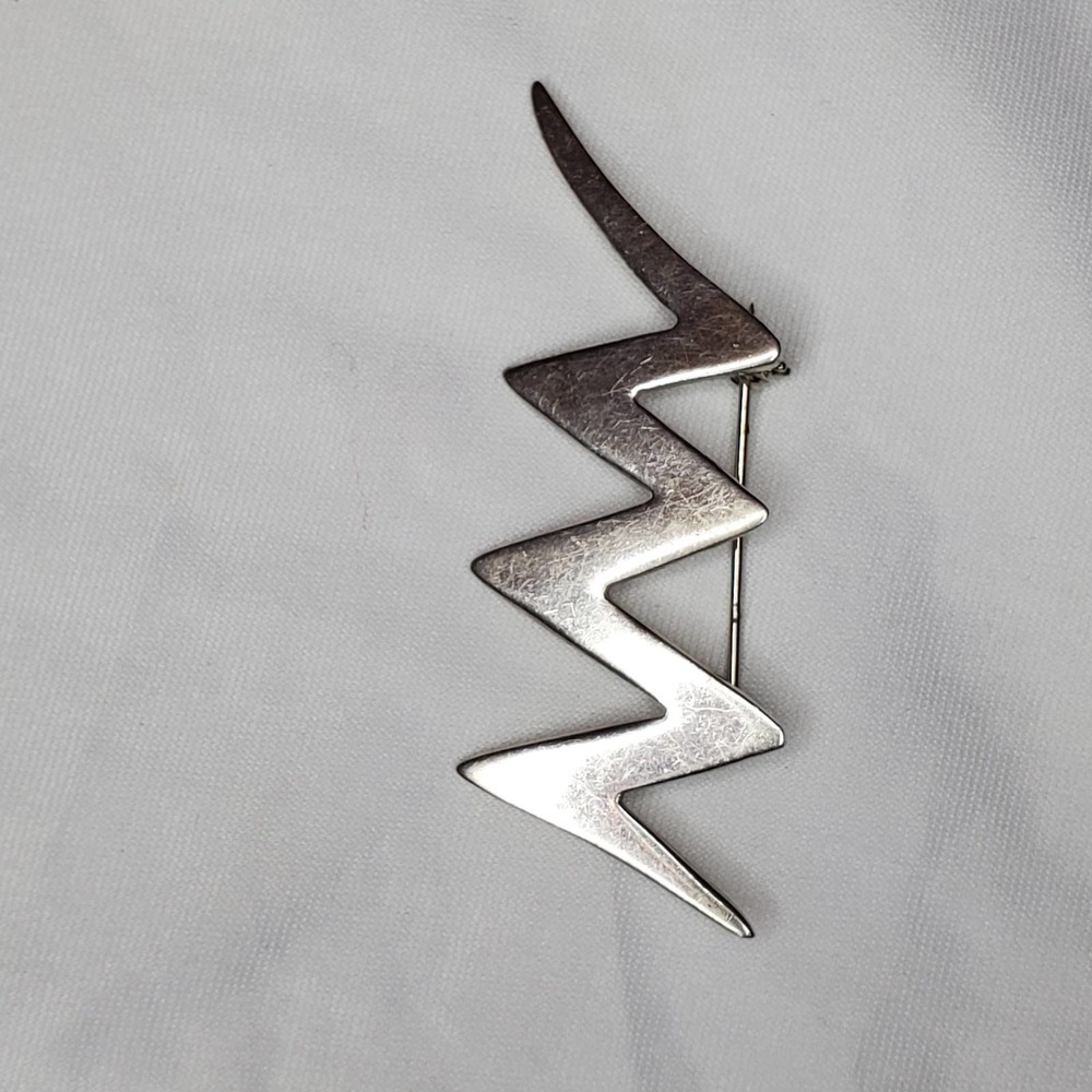 Vintage Sterling Silver Signed Stamped 925 Mexico ZigZag Lightning Brooch Brooch - Picture 1 of 9
